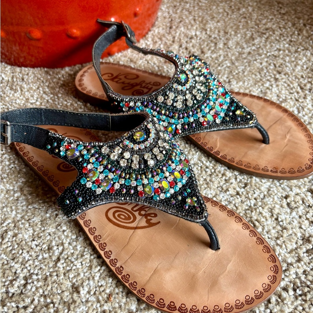 Naughty Monkey Rhinestone Beaded Black Sandals 8.5